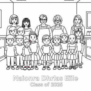 A playschool class photograph in a classroom setting.  There is 7 boys and 14 girls in the photo aged 4. 5 teachers are also in the picture. They are  5 woman, one of them has a bob haircut and is aged in her 30's, one has long dark hair and glasses aged in her 20's, one is a lady in her 60's, with short curly hair and wears an apron. One woman has long  wavy hair and no glasses and no apron, one lady has long straight hair and no glasses. . On the bottom of the picture it has printed "Naíonra Dhúrlas Éile Class of 2025"