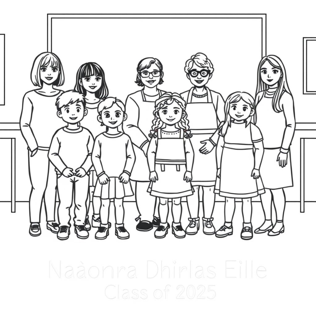 the image is 20 playschool children and 5 teachers. A playschool class photograph in a classroom setting.  There is 7 boys and 14 girls in the photo aged 4. 5 teachers are also in the picture. They are  5 woman, one of them has a bob haircut, one has long dark hair and glasses , one is a lady in her 60's, with short curly hair and wears an apron. One woman has long wavy hair and no glasses and no apron, one lady has long straight hair and no glasses and no apron On the bottom of the picture it has printed "Naíonra Dhúrlas Éile Class of 2025"