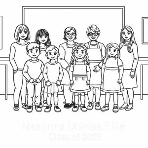 the image is 20 playschool children and 5 teachers. A playschool class photograph in a classroom setting.  There is 7 boys and 14 girls in the photo aged 4. 5 teachers are also in the picture. They are  5 woman, one of them has a bob haircut, one has long dark hair and glasses , one is a lady in her 60's, with short curly hair and wears an apron. One woman has long wavy hair and no glasses and no apron, one lady has long straight hair and no glasses and no apron On the bottom of the picture it has printed "Naíonra Dhúrlas Éile Class of 2025"