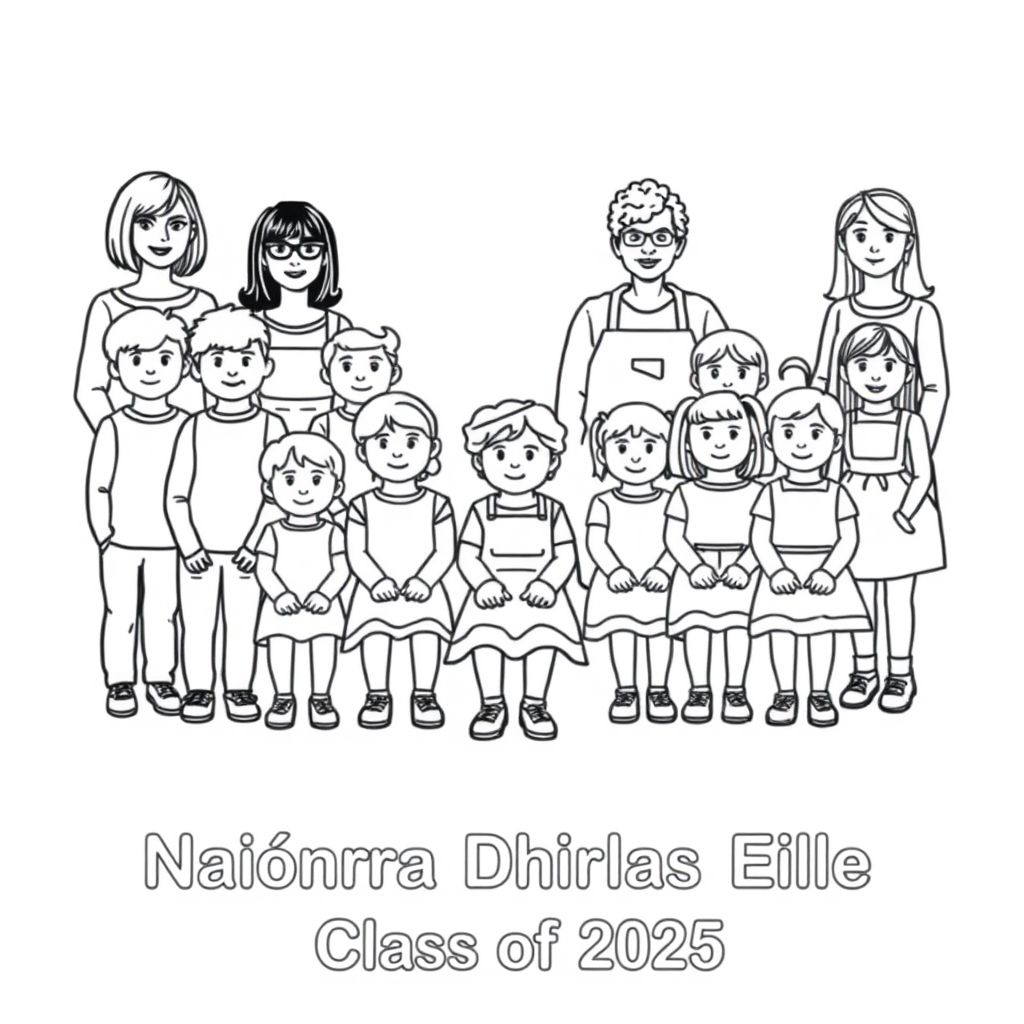 The image is 20 playschool children and 5 teachers. All 20 children are in the image
A playschool class photograph in a classroom setting.  There is 7 boys and 14 girls in the photo aged 4. 5 teachers are also in the picture. They are  5 woman, one of them has a bob haircut, one has long dark hair and glasses , one is a lady in her 60's, with short curly hair and wears an apron. One woman has long  hair and no glasses and no apron, one lady has long straight hair and no glasses and no apron . On the bottom of the picture it has printed "Naíonra Dhúrlas Éile Class of 2025"
