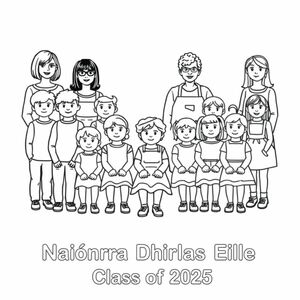 The image is 20 playschool children and 5 teachers. All 20 children are in the image
A playschool class photograph in a classroom setting.  There is 7 boys and 14 girls in the photo aged 4. 5 teachers are also in the picture. They are  5 woman, one of them has a bob haircut, one has long dark hair and glasses , one is a lady in her 60's, with short curly hair and wears an apron. One woman has long  hair and no glasses and no apron, one lady has long straight hair and no glasses and no apron . On the bottom of the picture it has printed "Naíonra Dhúrlas Éile Class of 2025"