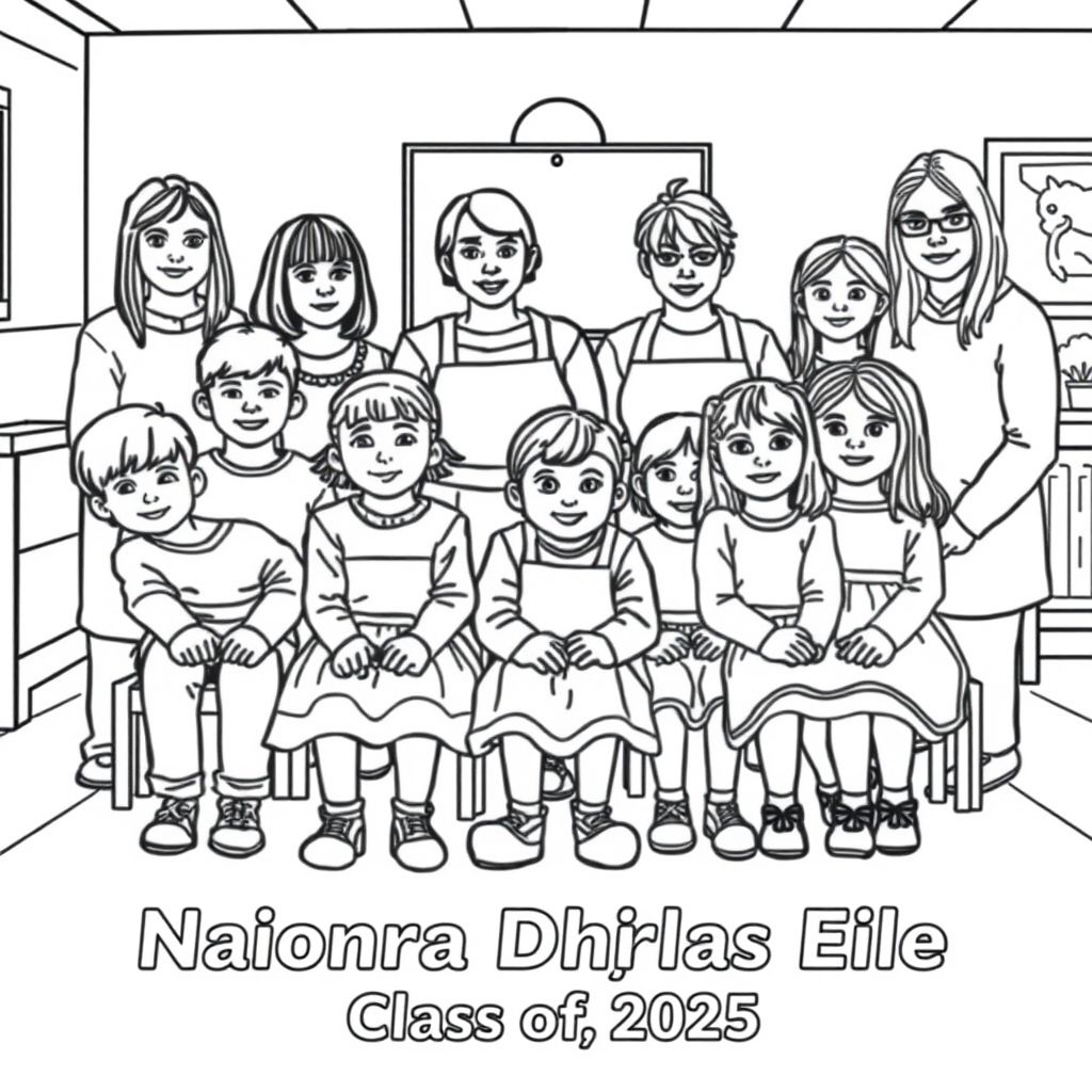The image is 20 playschool children and 5 teachers. A playschool class photograph in a classroom setting.  There is 7 boys and 14 girls in the photo aged 4. 5 teachers are also in the picture. They are  5 woman, one of them has a bob haircut, one has long dark hair and glasses , one is a lady in her 60's, with short curly hair and wears an apron. One woman has long hair and no glasses and no apron, one lady has long straight hair and no glasses and no apron. On the bottom of the picture it has printed in bold is "Naíonra Dhúrlas Éile Class of 2025".
ensure the image has 20 children and 5 teachers
