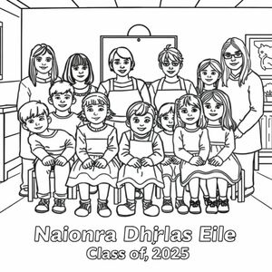 The image is 20 playschool children and 5 teachers. A playschool class photograph in a classroom setting.  There is 7 boys and 14 girls in the photo aged 4. 5 teachers are also in the picture. They are  5 woman, one of them has a bob haircut, one has long dark hair and glasses , one is a lady in her 60's, with short curly hair and wears an apron. One woman has long hair and no glasses and no apron, one lady has long straight hair and no glasses and no apron. On the bottom of the picture it has printed in bold is "Naíonra Dhúrlas Éile Class of 2025".
ensure the image has 20 children and 5 teachers
