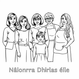 Class photograph.  5 lady teachers and a little girl aged 4.  One teacher has a bob haircut and does not wear glasses, is positioned centre of the image with the child in front..  One teacher has long dark hair and glasses.  One teacher has short curly hair and wears an apron and is aged in her 60's. one teacher has long wavy hair.  one teacher has long straight hair.  Printed at the bottom of the picture is "Naíonra Dhúrlas éile" in bold print.