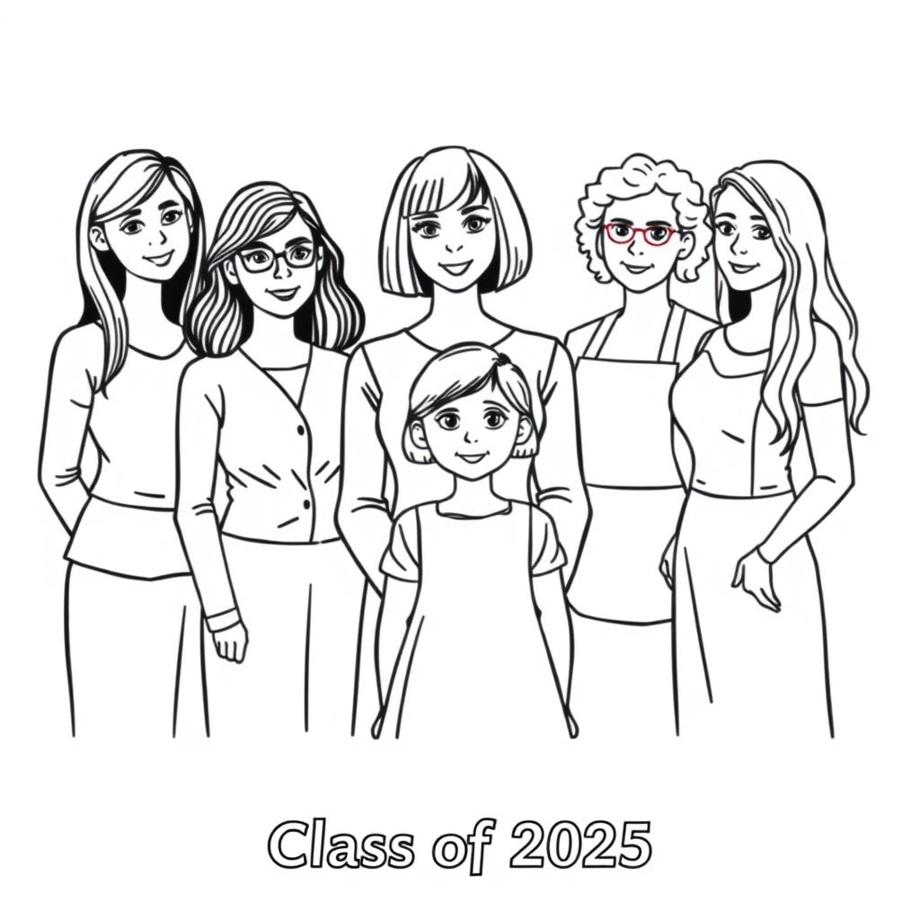 Class photograph. 5 lady teachers and a little girl aged 4. One teacher has a bob haircut and does not wear glasses, is positioned centre of the image with the child in front.. One teacher has long dark hair and glasses. One teacher has short curly hair and wears an apron , no glasses, and is aged in her 60's. one teacher has long wavy hair. one teacher has long straight hair. Printed at the bottom of the picture is "Class of 2025" in bold print.