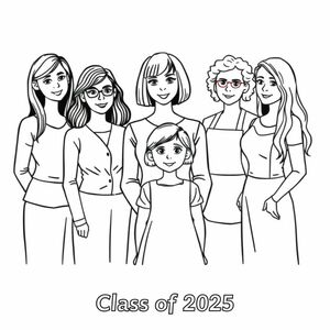 Class photograph. 5 lady teachers and a little girl aged 4. One teacher has a bob haircut and does not wear glasses, is positioned centre of the image with the child in front.. One teacher has long dark hair and glasses. One teacher has short curly hair and wears an apron , no glasses, and is aged in her 60's. one teacher has long wavy hair. one teacher has long straight hair. Printed at the bottom of the picture is "Class of 2025" in bold print.