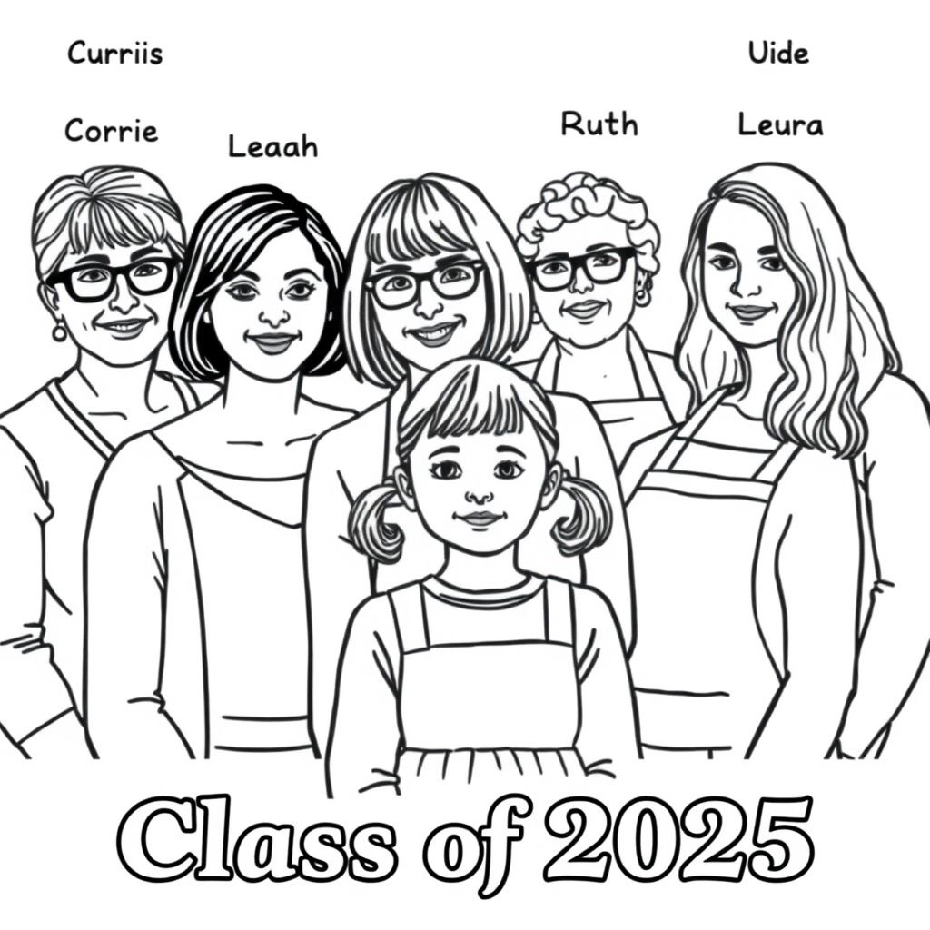 Class photograph. 5 lady teachers and a little girl aged 4. One teacher has a bob haircut and does not wear glasses with "Corrie" printed above her. She is positioned centre of the image with the child in front. The child has pigtails . One teacher has long dark hair and glasses with "Leah" printed above her. One teacher has short curly hair and wears an apron , no glasses, and is aged in her 60's, with "Mamó" printed above her. one teacher has long wavy hair with "Ruth" printed above her. One teacher has long straight hair with "Laura" printed above her. Printed at the bottom of the picture is "Class of 2025" in bold print.