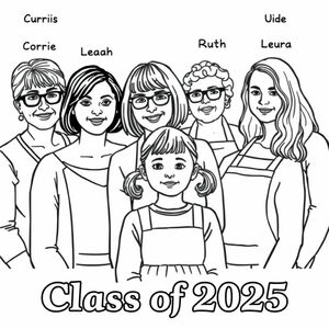 Class photograph. 5 lady teachers and a little girl aged 4. One teacher has a bob haircut and does not wear glasses with "Corrie" printed above her. She is positioned centre of the image with the child in front. The child has pigtails . One teacher has long dark hair and glasses with "Leah" printed above her. One teacher has short curly hair and wears an apron , no glasses, and is aged in her 60's, with "Mamó" printed above her. one teacher has long wavy hair with "Ruth" printed above her. One teacher has long straight hair with "Laura" printed above her. Printed at the bottom of the picture is "Class of 2025" in bold print.