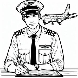 A man in a pilot's uniform sitting at a desk with a book and