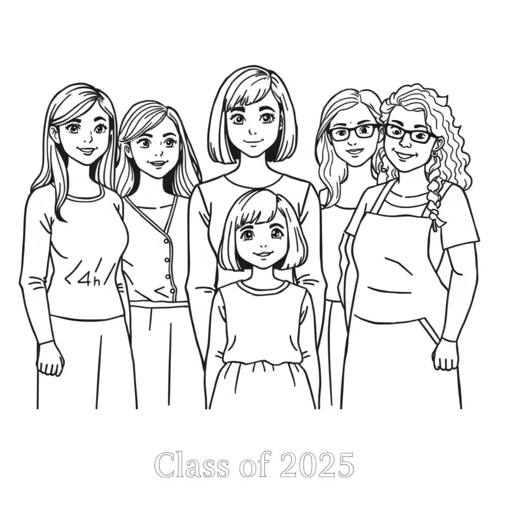 Class photograph. 5 lady teachers and a little girl aged 4. Teacher named "Corrie is positioned in the middle with the child in front of her, she has a bob haircut and no glasses. Teacher named "Leah with long dark hair and glasses. Teacher named "Ruth" with long wavy hair. Teacher named "Laura" with long straight hair. Teacher named "Mamo" with short curly hair and wearing an apron is aged 60. Printed at the bottom of the picture is "Class of 2025" in bold print