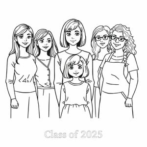 Class photograph. 5 lady teachers and a little girl aged 4. Teacher named "Corrie is positioned in the middle with the child in front of her, she has a bob haircut and no glasses. Teacher named "Leah with long dark hair and glasses. Teacher named "Ruth" with long wavy hair. Teacher named "Laura" with long straight hair. Teacher named "Mamo" with short curly hair and wearing an apron is aged 60. Printed at the bottom of the picture is "Class of 2025" in bold print