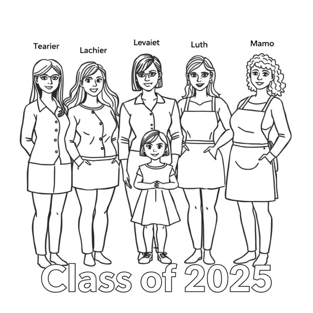Class photograph. 5 lady teachers and a little girl aged 4. Teacher named "Corrie" is positioned in the middle with the child in front of her, she has a bob haircut and no glasses. Teacher named "Leah" with long dark hair and glasses. Teacher named "Ruth" with long wavy hair. Teacher named "Laura" with long straight hair. Teacher named "Mamo" with short curly hair and wearing an apron is aged 60. Teachers names are printed over each of their heads. Printed at the bottom of the picture is "Class of 2025" in bold print