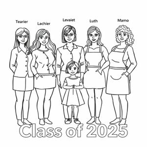 Class photograph. 5 lady teachers and a little girl aged 4. Teacher named "Corrie" is positioned in the middle with the child in front of her, she has a bob haircut and no glasses. Teacher named "Leah" with long dark hair and glasses. Teacher named "Ruth" with long wavy hair. Teacher named "Laura" with long straight hair. Teacher named "Mamo" with short curly hair and wearing an apron is aged 60. Teachers names are printed over each of their heads. Printed at the bottom of the picture is "Class of 2025" in bold print