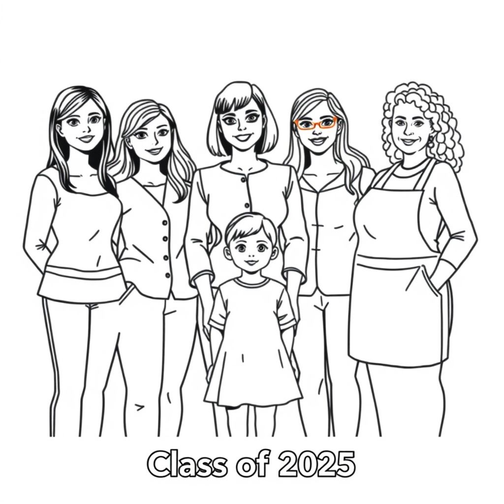 Class photograph. 5 lady teachers and a little girl aged 4. Teacher named "Corrie" is positioned in the middle with the child in front of her, she has a bob haircut and no glasses. The word "Corrie" is printed above her. Teacher named "Leah with long dark hair and glasses. Teacher named "Ruth" with long wavy hair. Teacher named "Laura" with long straight hair. Teacher named "Mamo" with short curly hair and wearing an apron is aged 60. Printed at the bottom of the picture is "Class of 2025" in bold print