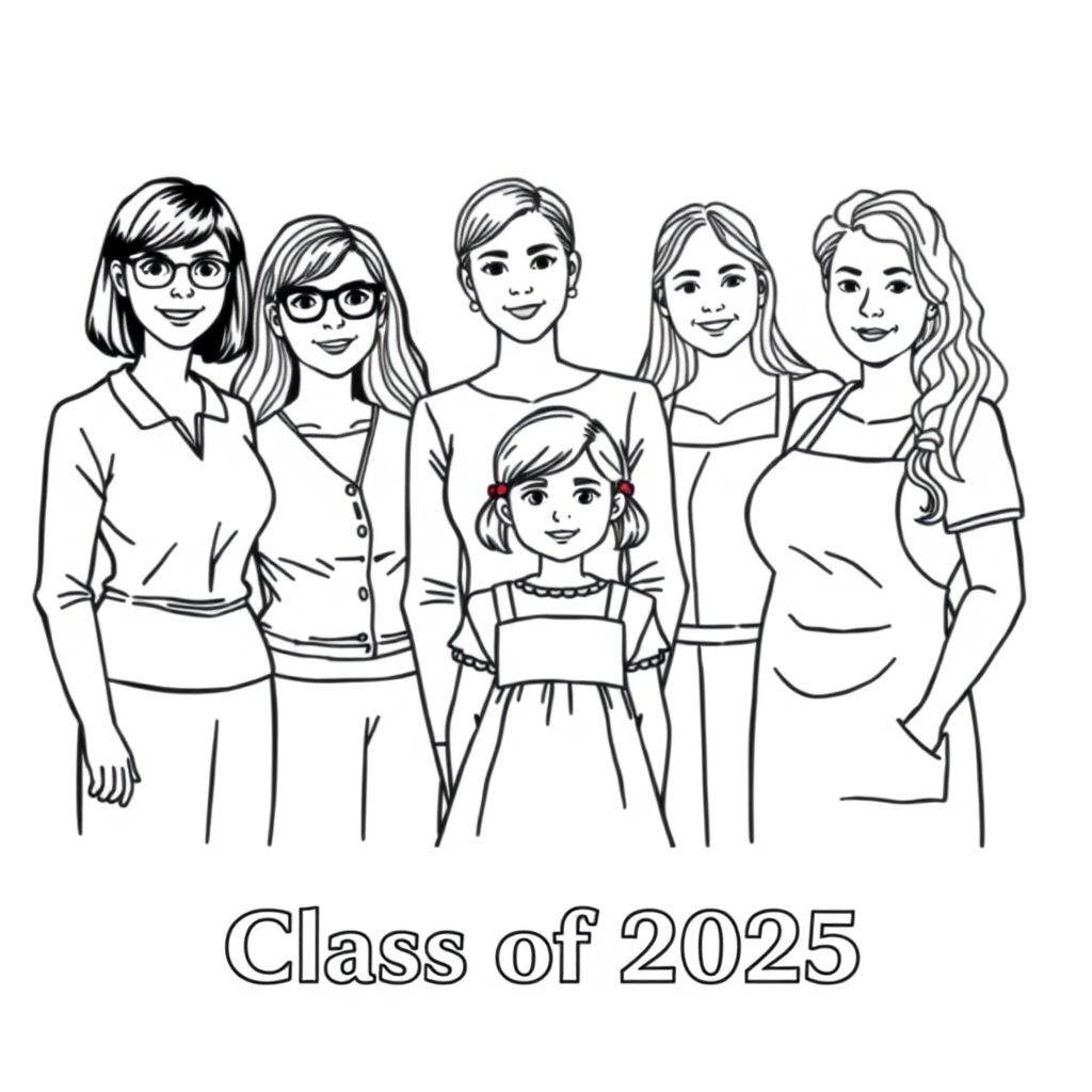 Class photograph. 5 lady teachers and a little girl aged 4. Teacher named "Corrie is positioned in the middle, with a bob haircut, with the child in front of her. Teacher named "Leah with long dark hair and glasses. Teacher named "Ruth" with long wavy hair. Teacher named "Laura" with long straight hair. Teacher named "Mamo" with short curly hair and wearing an apron is aged 60. Printed at the bottom of the picture is "Class of 2025" in bold print.