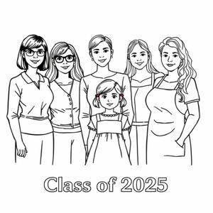 Class photograph. 5 lady teachers and a little girl aged 4. Teacher named "Corrie is positioned in the middle, with a bob haircut, with the child in front of her. Teacher named "Leah with long dark hair and glasses. Teacher named "Ruth" with long wavy hair. Teacher named "Laura" with long straight hair. Teacher named "Mamo" with short curly hair and wearing an apron is aged 60. Printed at the bottom of the picture is "Class of 2025" in bold print.