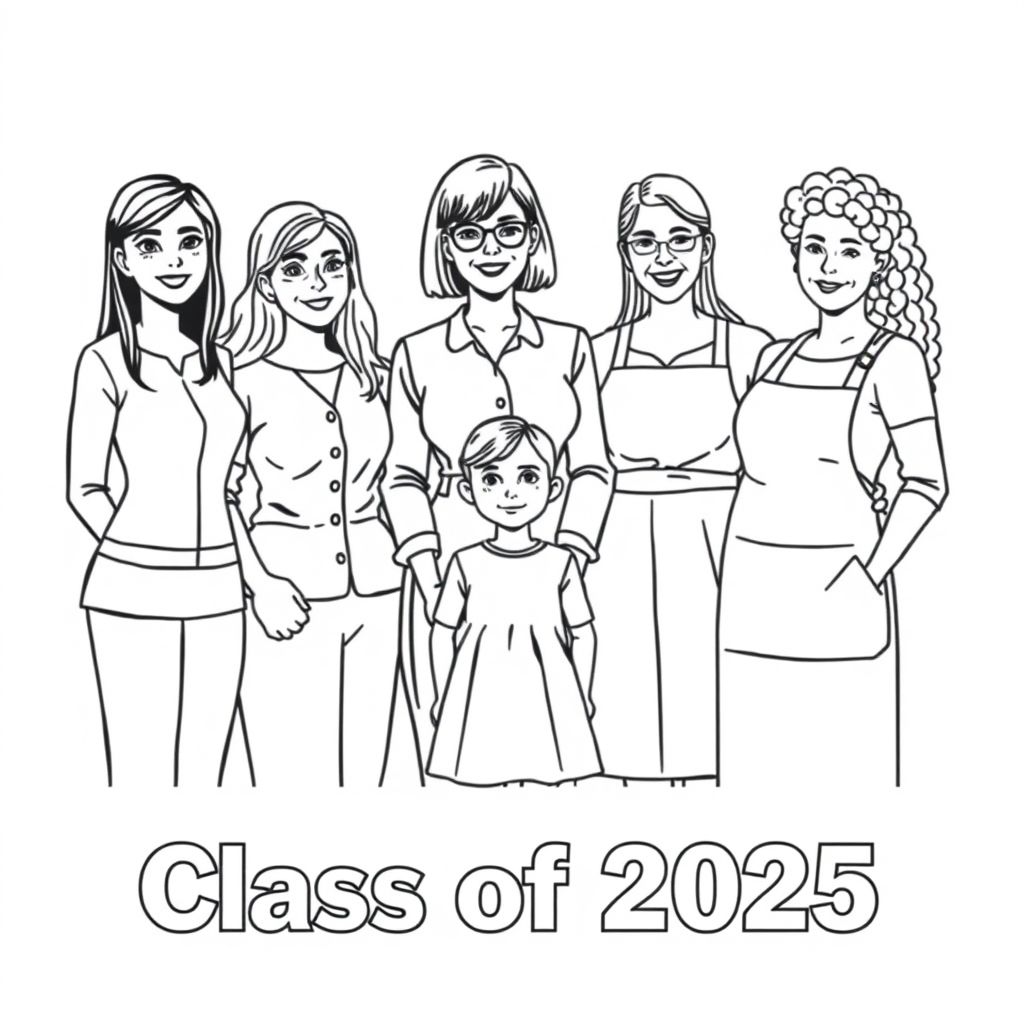Class photograph. 5 lady teachers and a little girl aged 4. Teacher named "Corrie is positioned in the middle with the child in front of her. Corrie has a bob hairstyle. Teacher named "Leah with long dark hair and glasses. Teacher named "Ruth" with long wavy hair. Teacher named "Laura" with long straight hair. Teacher named "Mamo" with short curly hair and wearing an apron is aged 60. Printed at the bottom of the picture is "Class of 2025" in bold print.