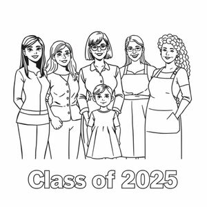 Class photograph. 5 lady teachers and a little girl aged 4. Teacher named "Corrie is positioned in the middle with the child in front of her. Corrie has a bob hairstyle. Teacher named "Leah with long dark hair and glasses. Teacher named "Ruth" with long wavy hair. Teacher named "Laura" with long straight hair. Teacher named "Mamo" with short curly hair and wearing an apron is aged 60. Printed at the bottom of the picture is "Class of 2025" in bold print.