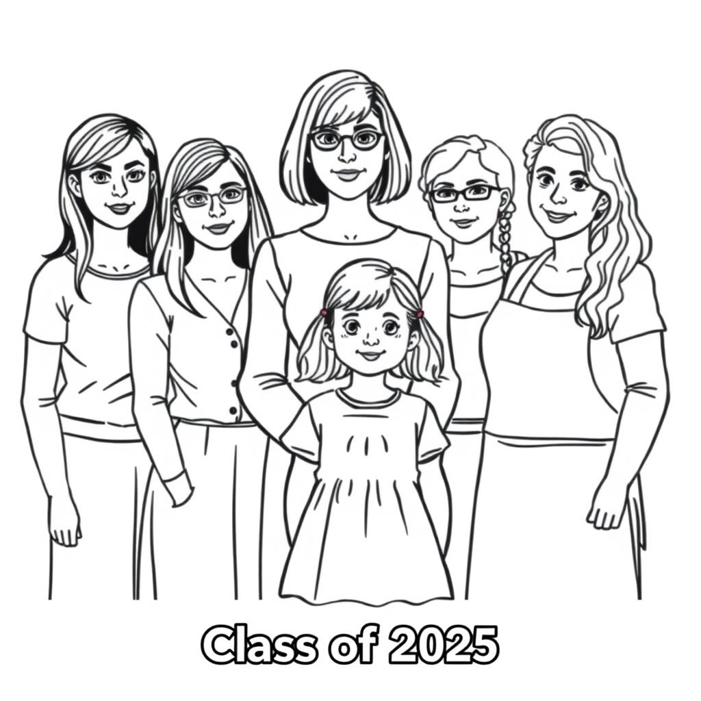 Class photograph. 5 lady teachers and a little girl aged 4. Teacher named "Corrie is positioned in the middle with the child in front of her. Corrie has a bob hairstyle and no glasses. Teacher named "Leah with long dark hair and glasses. Teacher named "Ruth" with long wavy hair. Teacher named "Laura" with long straight hair. Teacher named "Mamo" with short curly hair and wearing an apron is aged 70. Printed at the bottom of the picture is "Class of 2025" in bold print.