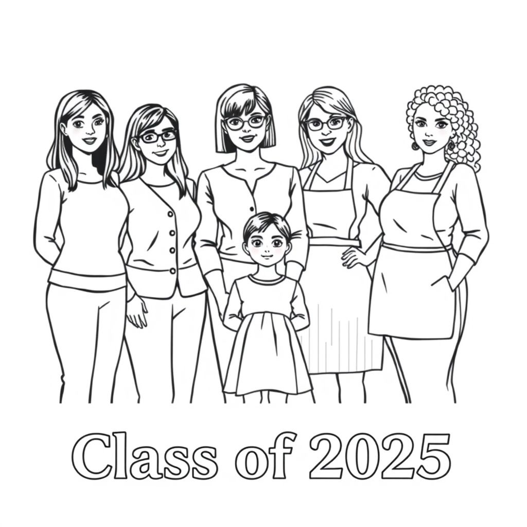 Class photograph. 5 lady teachers and a little girl aged 4. Teacher named "Corrie is positioned in the middle with the child in front of her. Corrie has a bob hairstyle and does not wear glasses. Teacher named "Leah with long dark hair and glasses. Teacher named "Ruth" with long wavy hair. Teacher named "Laura" with long straight hair. Teacher named "Mamo" with very short curly hair and wearing an apron is an older lady. Printed at the bottom of the picture is "Class of 2025" in bold print.