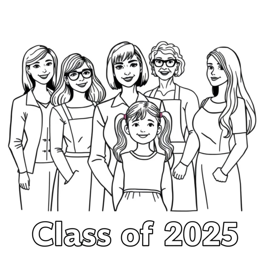 Class photograph. 5 lady teachers and a little girl aged 4. One teacher has a bob haircut and does not wear glasses, is positioned centre of the image with the child in front. Child has long pigtails. One teacher has long dark hair and glasses. One teacher has short curly hair and wears an apron , no glasses, and is aged in her 60's. one teacher has long wavy hair. one teacher has long straight hair. Printed at the bottom of the picture is "Class of 2025" in bold print.