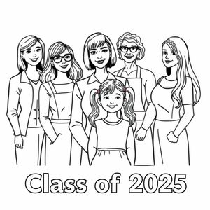 Class photograph. 5 lady teachers and a little girl aged 4. One teacher has a bob haircut and does not wear glasses, is positioned centre of the image with the child in front. Child has long pigtails. One teacher has long dark hair and glasses. One teacher has short curly hair and wears an apron , no glasses, and is aged in her 60's. one teacher has long wavy hair. one teacher has long straight hair. Printed at the bottom of the picture is "Class of 2025" in bold print.