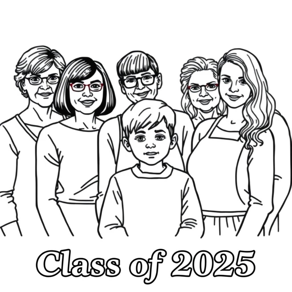 Class photograph. 5 lady teachers and a little boy aged 4. One teacher has a bob haircut and does not wear glasses, is positioned centre of the image with the child in front. One teacher has long dark hair and glasses. One teacher has short curly hair and wears an apron , no glasses, and is aged in her 60's. one teacher has long wavy hair. one teacher has long straight hair. Printed at the bottom of the picture is "Class of 2025" in bold print.