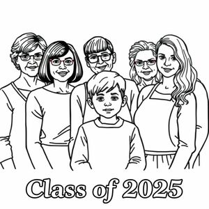 Class photograph. 5 lady teachers and a little boy aged 4. One teacher has a bob haircut and does not wear glasses, is positioned centre of the image with the child in front. One teacher has long dark hair and glasses. One teacher has short curly hair and wears an apron , no glasses, and is aged in her 60's. one teacher has long wavy hair. one teacher has long straight hair. Printed at the bottom of the picture is "Class of 2025" in bold print.
