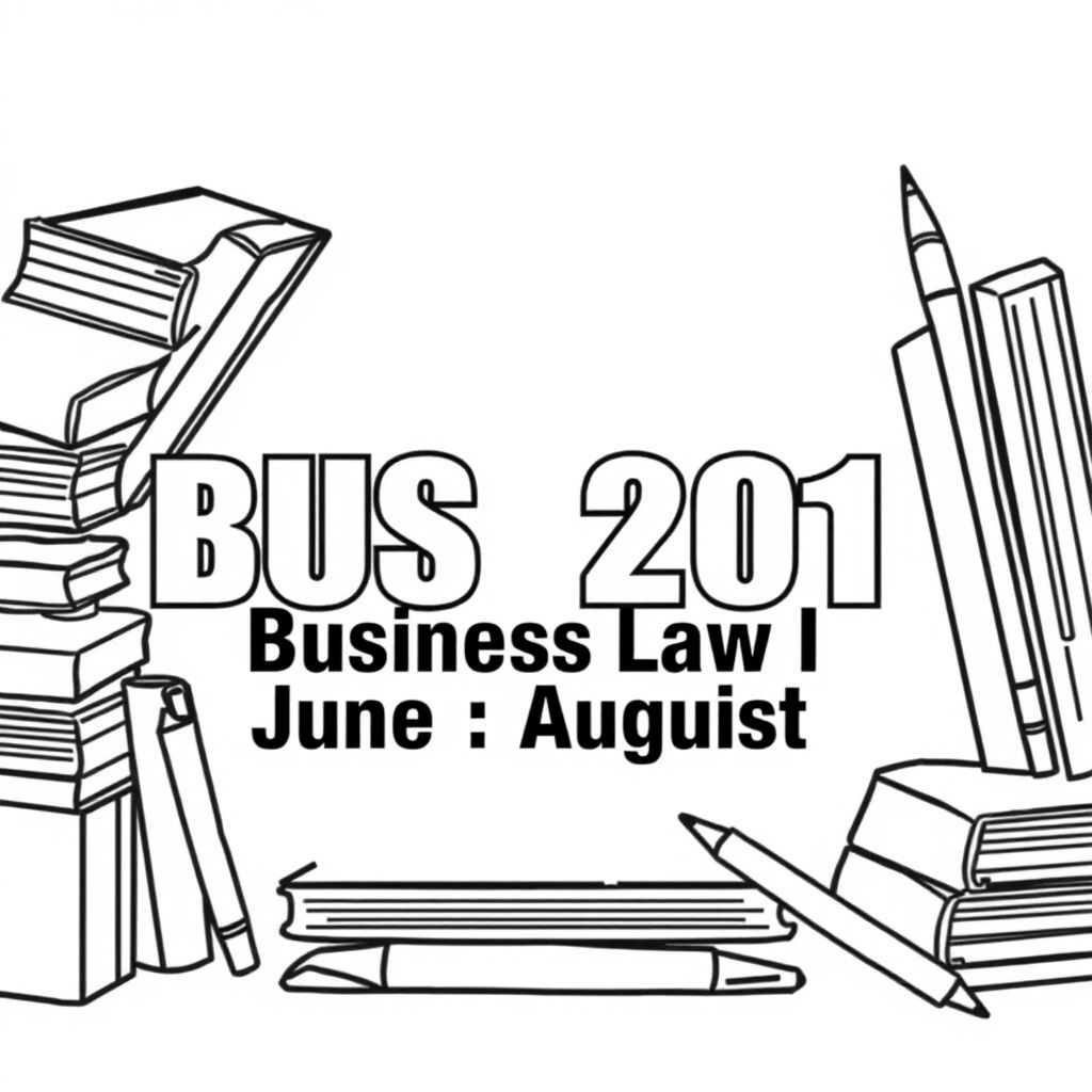 Words BUS 201 Business Law I June-August with books and pens surrounding the text