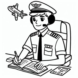 A pilot sitting at a desk with an airplane in the background