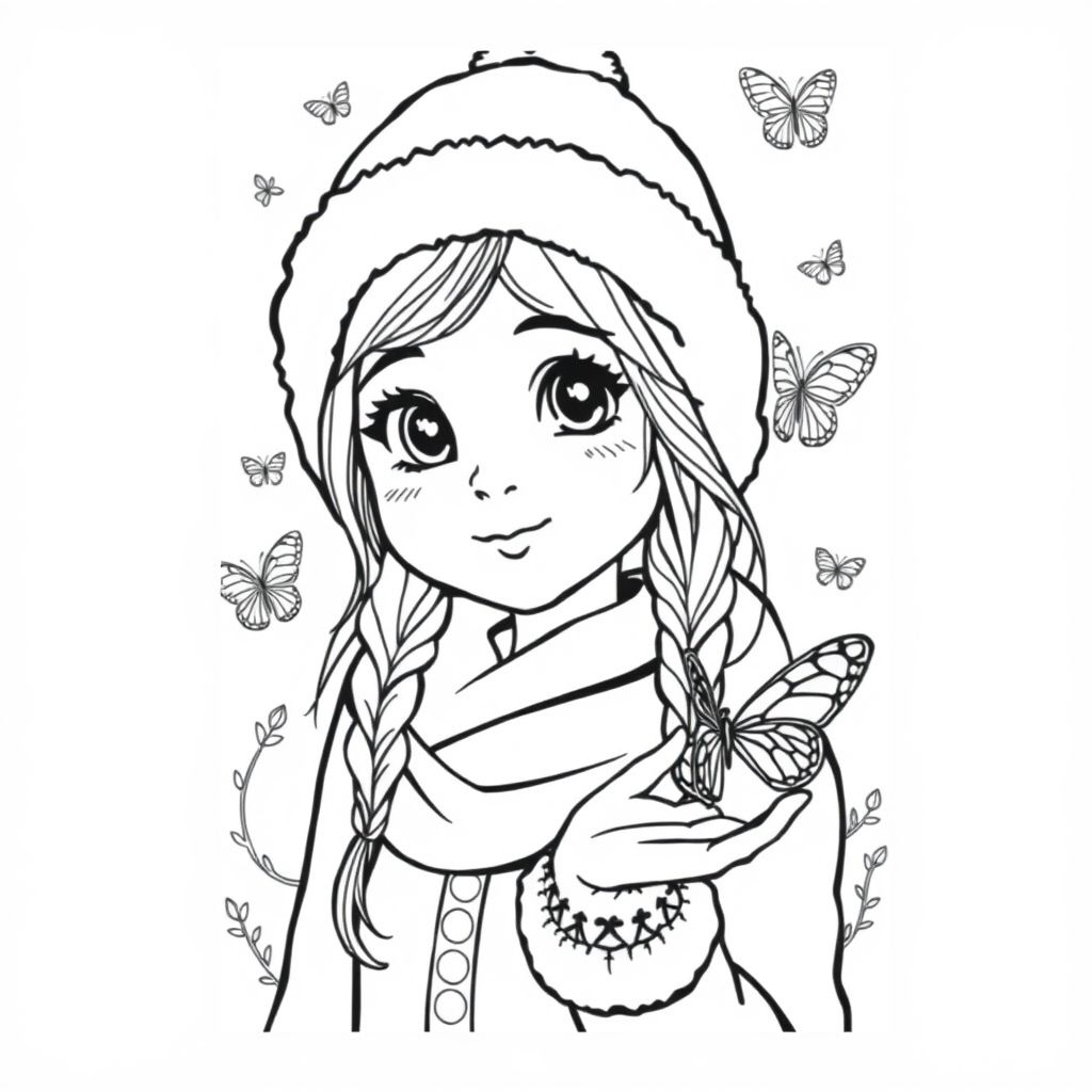 A pretty girl with a winter cap that has butterflies in the background, and one butterfly sitting on her hand
