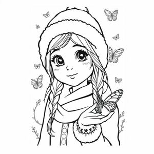 A pretty girl with a winter cap that has butterflies in the background, and one butterfly sitting on her hand