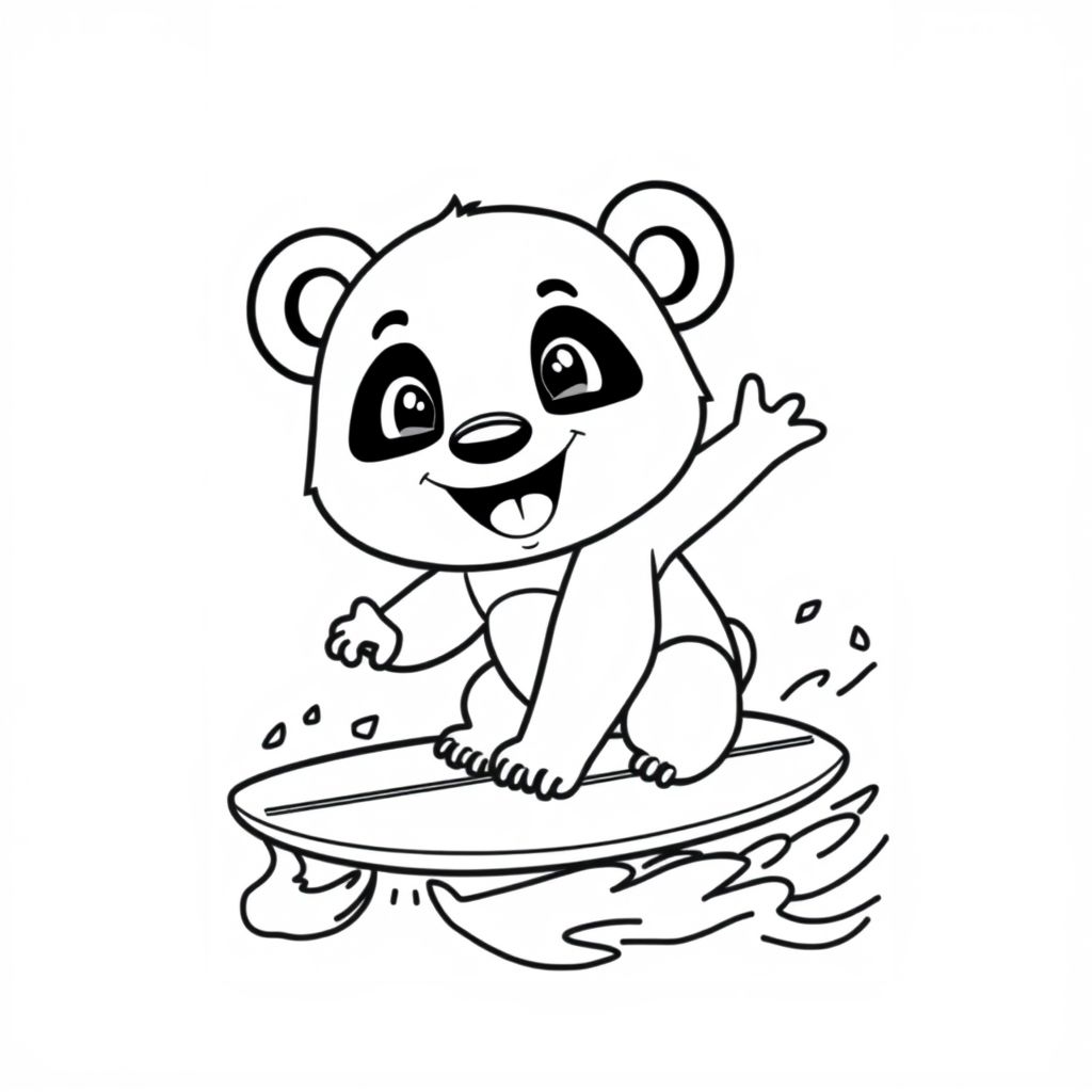 cute smiling panda riding a surfboard on the beach.