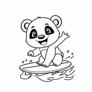 cute smiling panda riding a surfboard on the beach.