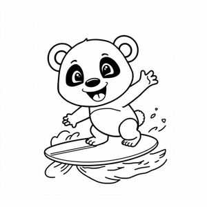 a cute smiling panda riding a surf board on the beach. make sure this panda only has two arms and two legs.