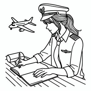 A black and white drawing of a woman in uniform