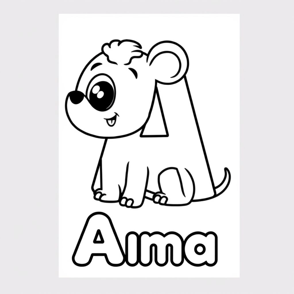 Cartoon friendly Animal starting with the letter "A" with solid black cartoon eye with the name of the animal underneath with a bubble outline to color in