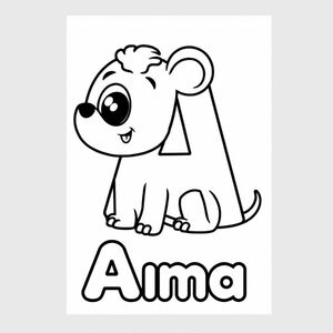 Cartoon friendly Animal starting with the letter "A" with solid black cartoon eye with the name of the animal underneath with a bubble outline to color in