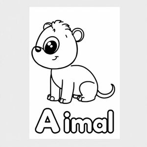 Cartoon friendly animal that starts with the letter A with solid black cartoon eye and the name of the animal underneath with a bubble outline to color in