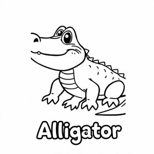 Cartoon full-body Alligator with solid black cartoon eye with the name of "Alligator" underneath in a bubble outline to color in profile to fit to page