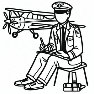 A man sitting on a stool next to an airplane