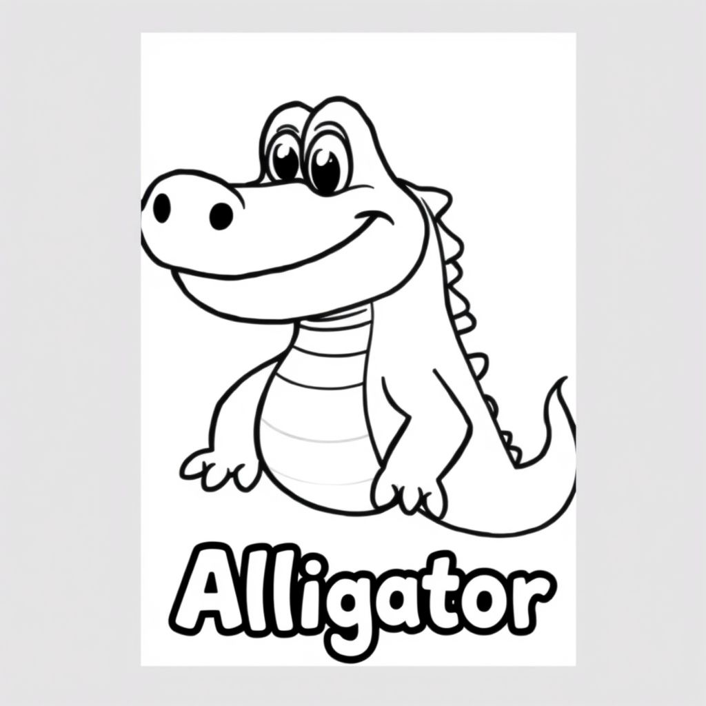 Cartoon friendly full-body smiling Alligator with solid black cartoon eye with the name of "Alligator" underneath in a bubble outline to color 