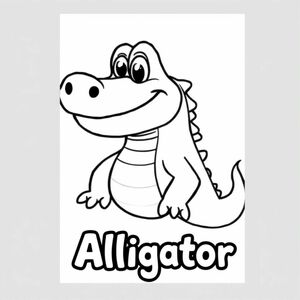 Cartoon friendly full-body smiling Alligator with solid black cartoon eye with the name of "Alligator" underneath in a bubble outline to color 