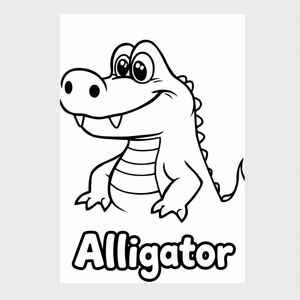 Cartoon friendly full-body Alligator smiling with teeth with solid black cartoon eye with the name of "Alligator" underneath in a bubble outline to color 