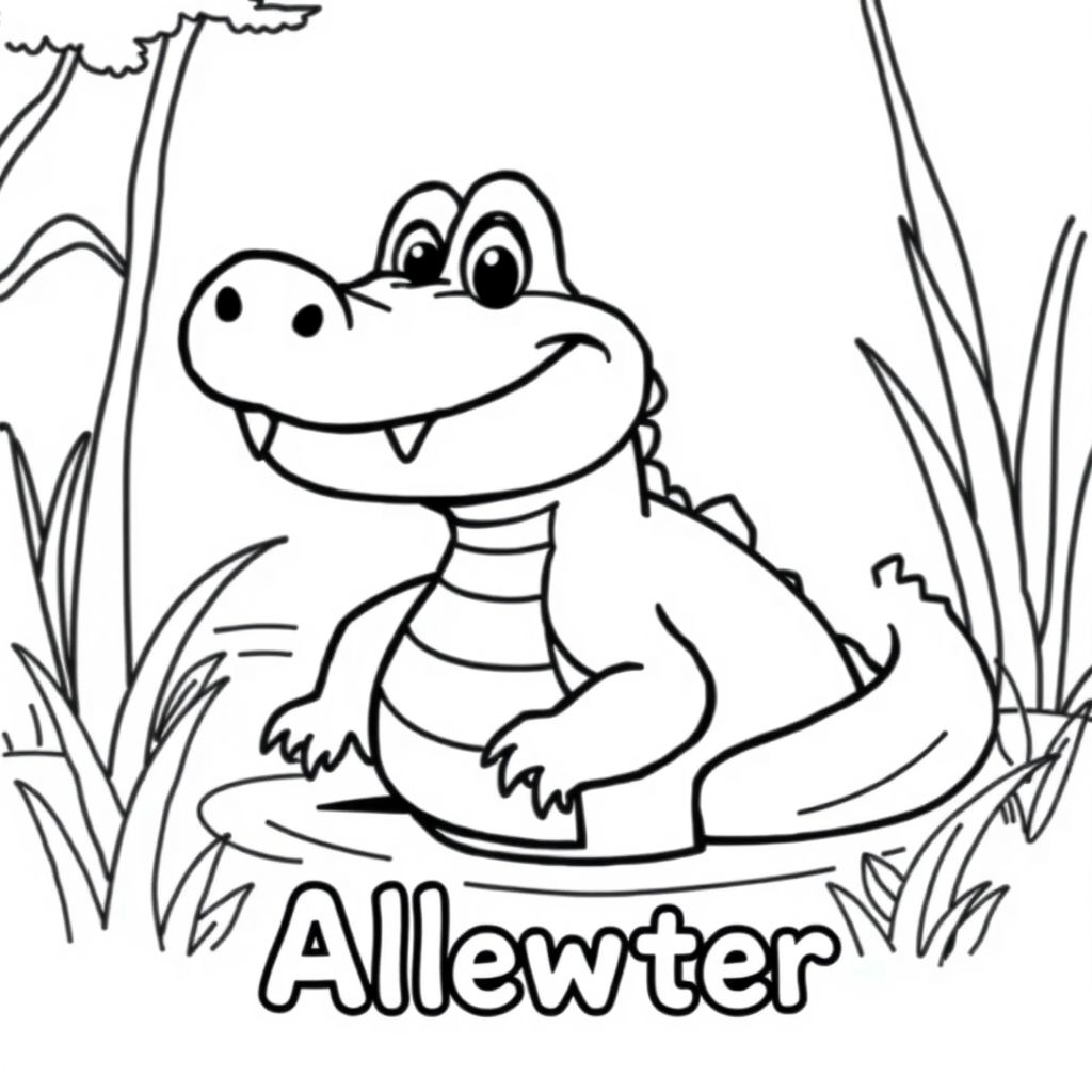 Cartoon friendly full-body Alligator smiling with teeth and a solid black cartoon eye in a swamp. Label the name underneath in a bubble outline to color 