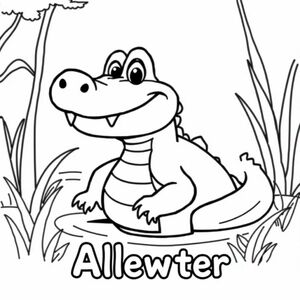 Cartoon friendly full-body Alligator smiling with teeth and a solid black cartoon eye in a swamp. Label the name underneath in a bubble outline to color 