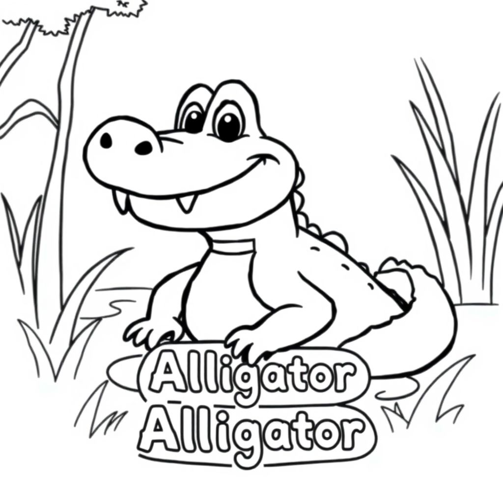 Cartoon friendly full-body Alligator smiling with teeth and a solid black cartoon eye in a swamp. Label "Alligator" underneath in a bubble outline to color 