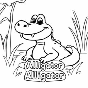 Cartoon friendly full-body Alligator smiling with teeth and a solid black cartoon eye in a swamp. Label "Alligator" underneath in a bubble outline to color 