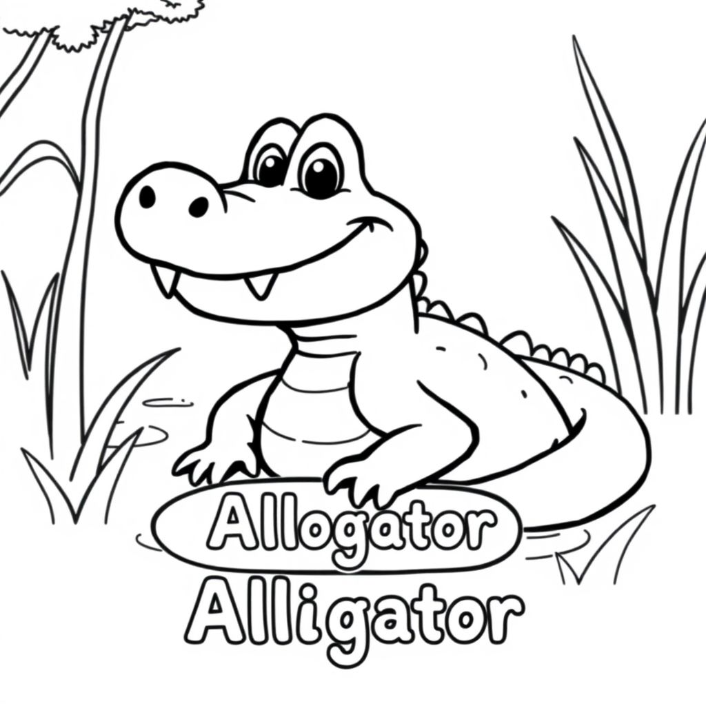 Cartoon friendly full-body Alligator smiling with teeth and a solid black cartoon eye in a swamp. Label Alligator underneath in a bubble outline to color 
