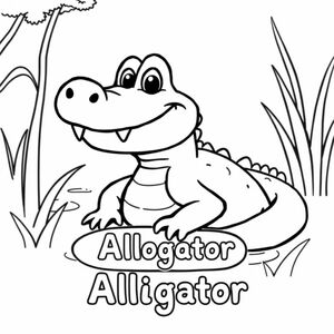 Cartoon friendly full-body Alligator smiling with teeth and a solid black cartoon eye in a swamp. Label Alligator underneath in a bubble outline to color 